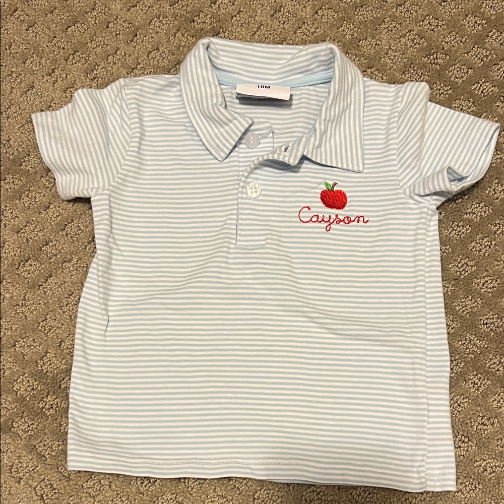 Striped Blue Kids Polo Shirt with “Cayson” Apple Embroidery